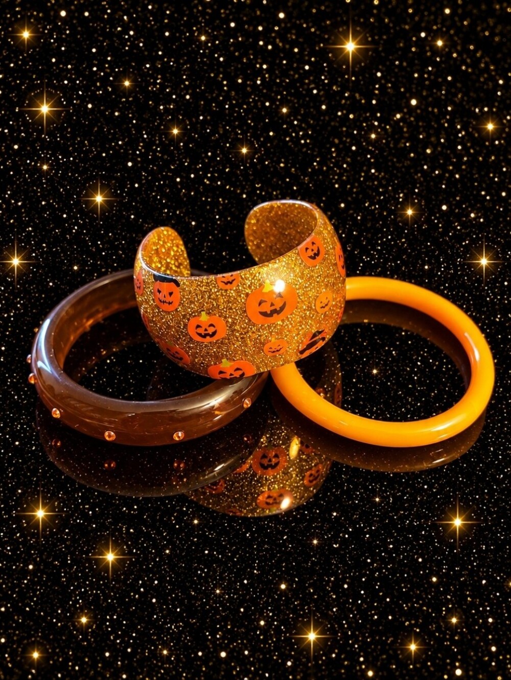 Pinup Halloween PumpkinBangle Set - Orange Glitter & Brown Bracelets